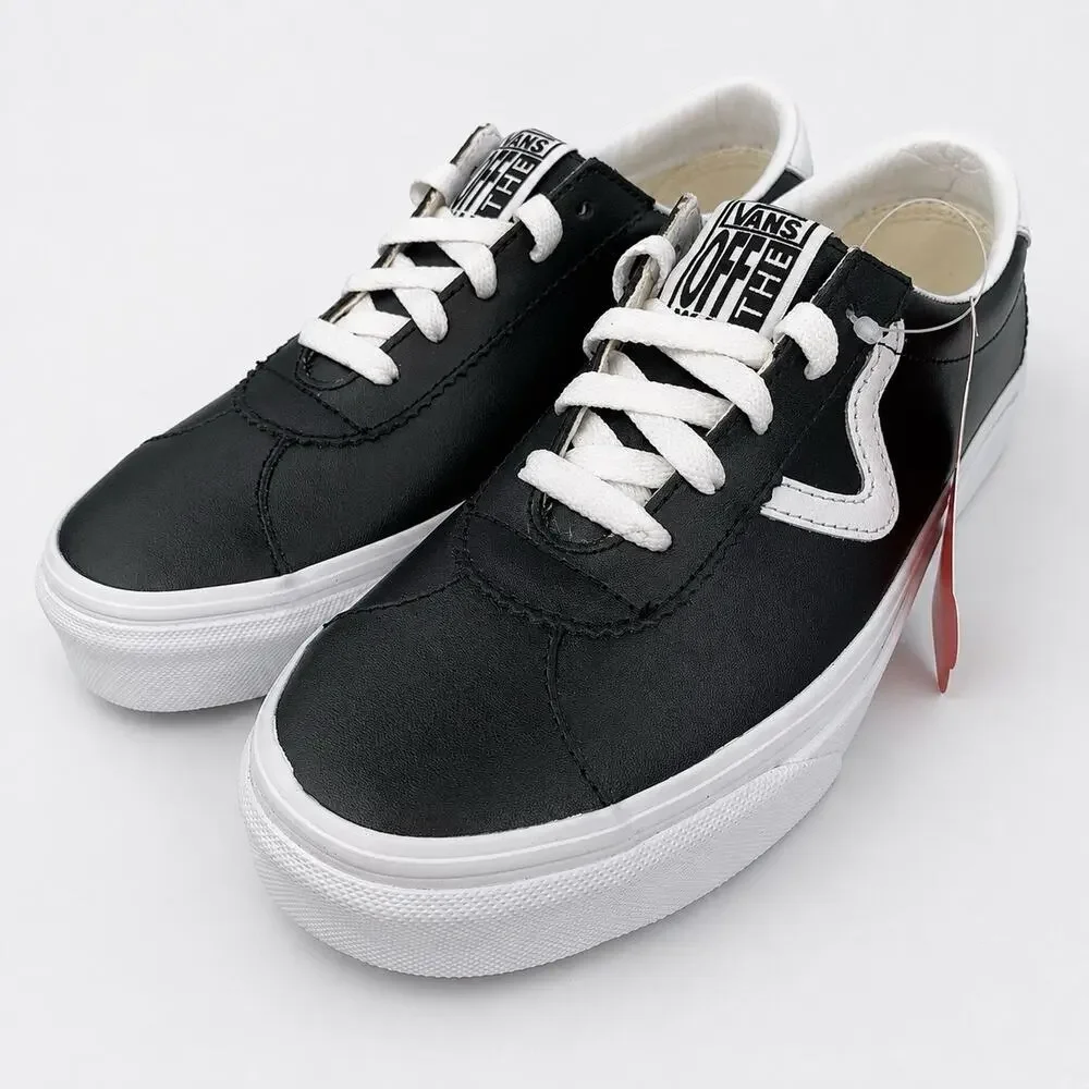 Vans Sport Leather Sneakers Women’s 8 Men’s 6.5 Black White Flying V NWOB